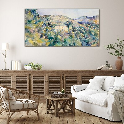 Landscape with houses among the trees Glass Wall Art