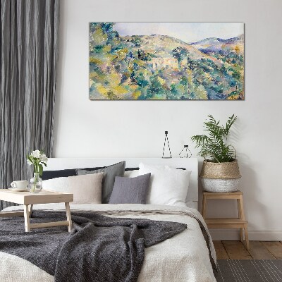 Landscape with houses among the trees Glass Wall Art
