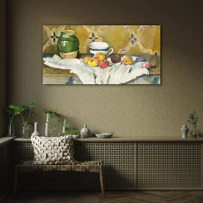 Fruit table with green jar Glass Wall Art