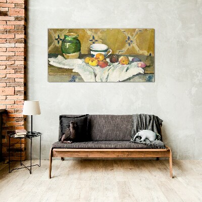Fruit table with green jar Glass Wall Art