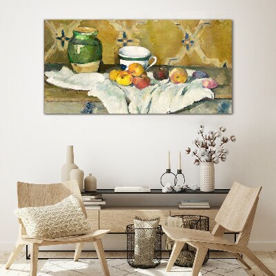 Fruit table with green jar Glass Wall Art
