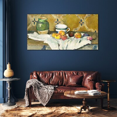 Fruit table with green jar Glass Wall Art