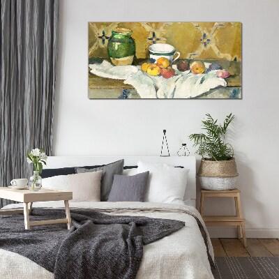 Fruit table with green jar Glass Wall Art