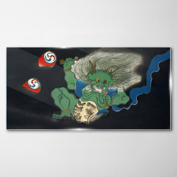 Green demon with a drum Glass Wall Art