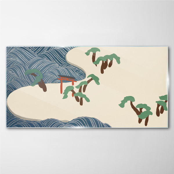 Calm waves with torii gate Glass Wall Art