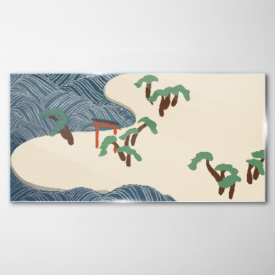 Calm waves with torii gate Glass Wall Art