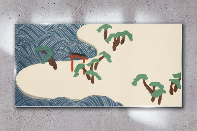 Calm waves with torii gate Glass Wall Art