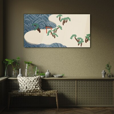 Calm waves with torii gate Glass Wall Art