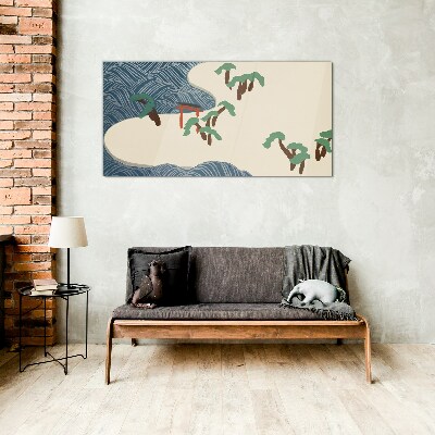 Calm waves with torii gate Glass Wall Art