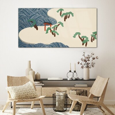 Calm waves with torii gate Glass Wall Art