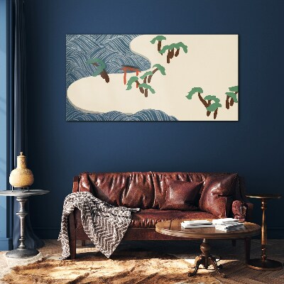 Calm waves with torii gate Glass Wall Art