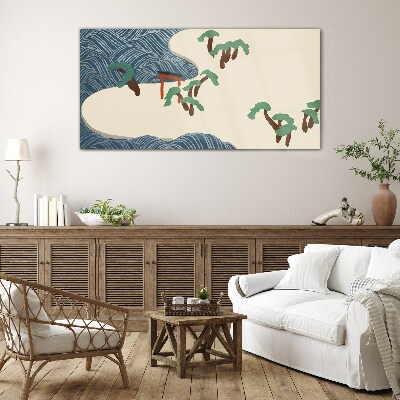 Calm waves with torii gate Glass Wall Art