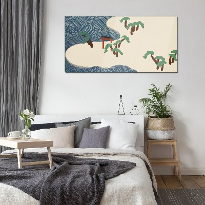 Calm waves with torii gate Glass Wall Art