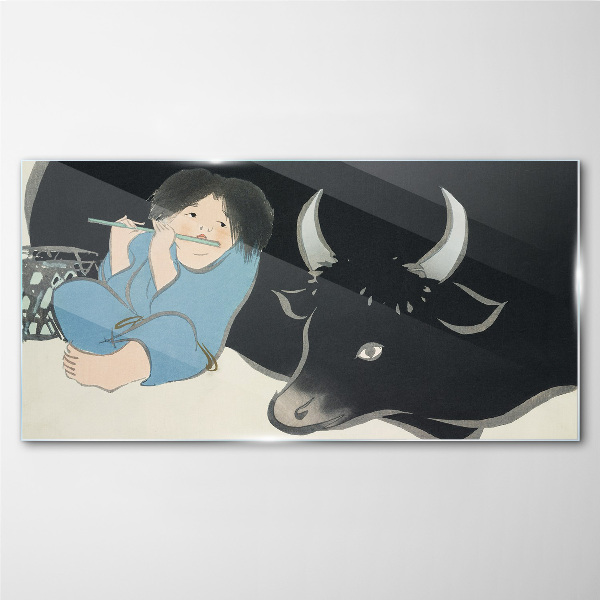 Childhood with cattle Glass Wall Art