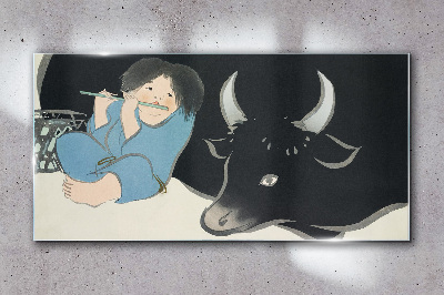 Childhood with cattle Glass Wall Art