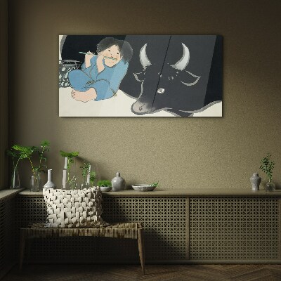 Childhood with cattle Glass Wall Art