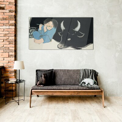 Childhood with cattle Glass Wall Art
