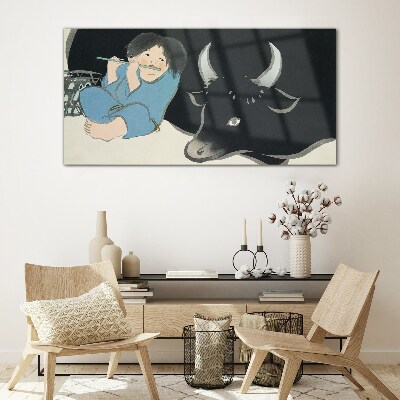 Childhood with cattle Glass Wall Art