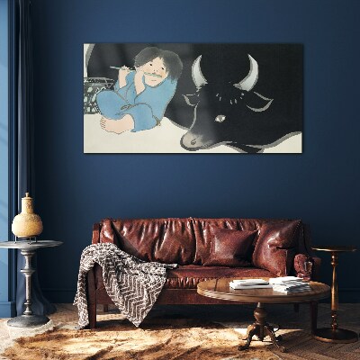 Childhood with cattle Glass Wall Art
