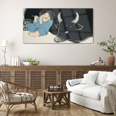 Childhood with cattle Glass Wall Art
