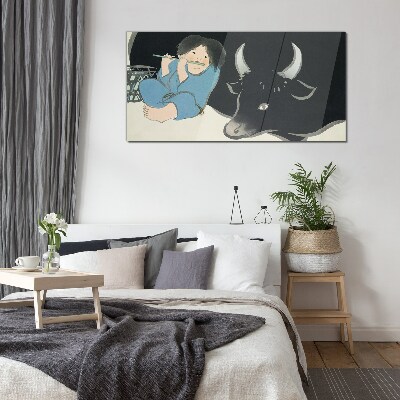 Childhood with cattle Glass Wall Art