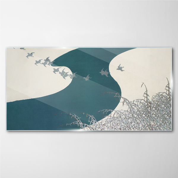 A calm river with birds flying away Glass Wall Art
