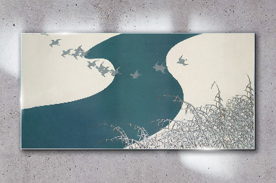 A calm river with birds flying away Glass Wall Art