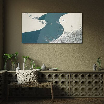 A calm river with birds flying away Glass Wall Art