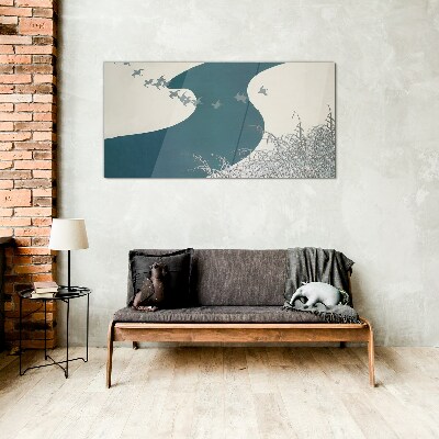 A calm river with birds flying away Glass Wall Art