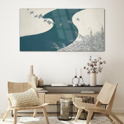 A calm river with birds flying away Glass Wall Art