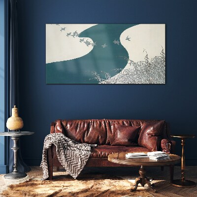A calm river with birds flying away Glass Wall Art