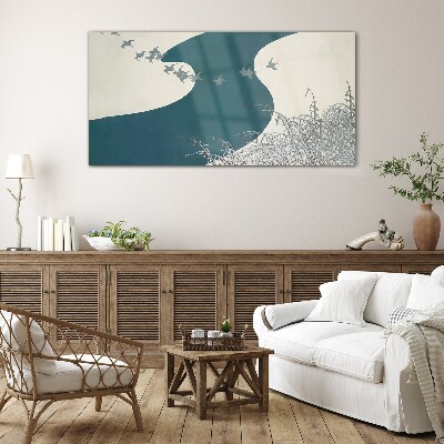 A calm river with birds flying away Glass Wall Art