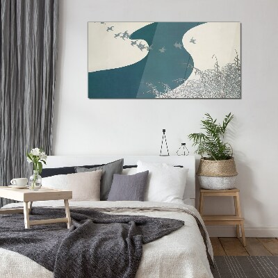 A calm river with birds flying away Glass Wall Art