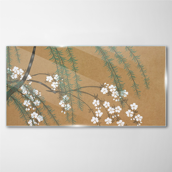 Flower branches on a brown background Glass Wall Art