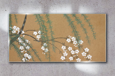 Flower branches on a brown background Glass Wall Art