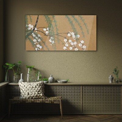 Flower branches on a brown background Glass Wall Art