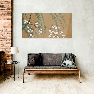 Flower branches on a brown background Glass Wall Art