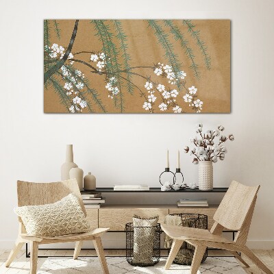Flower branches on a brown background Glass Wall Art