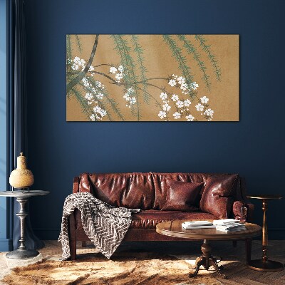 Flower branches on a brown background Glass Wall Art
