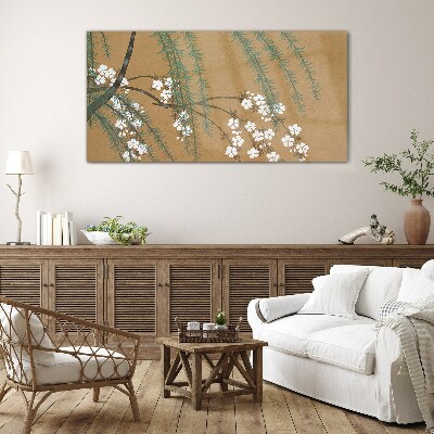 Flower branches on a brown background Glass Wall Art