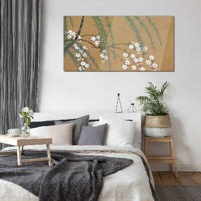 Flower branches on a brown background Glass Wall Art
