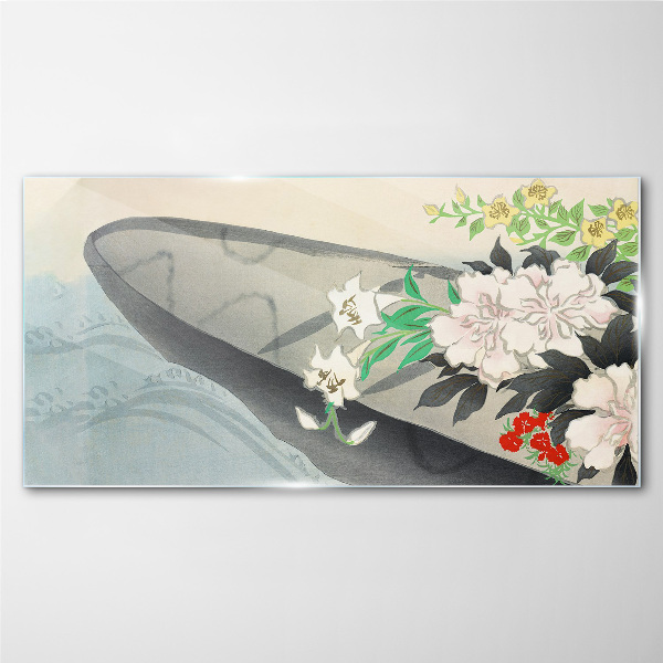 Flower boat on calm water Glass Wall Art