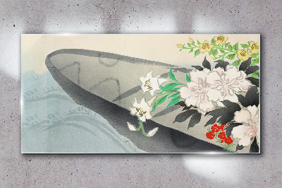 Flower boat on calm water Glass Wall Art