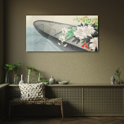 Flower boat on calm water Glass Wall Art