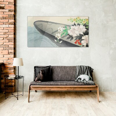 Flower boat on calm water Glass Wall Art