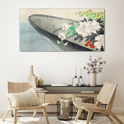 Flower boat on calm water Glass Wall Art