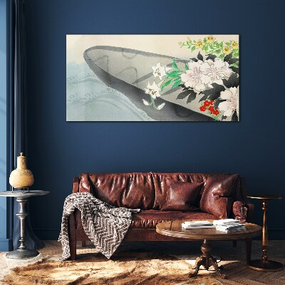 Flower boat on calm water Glass Wall Art