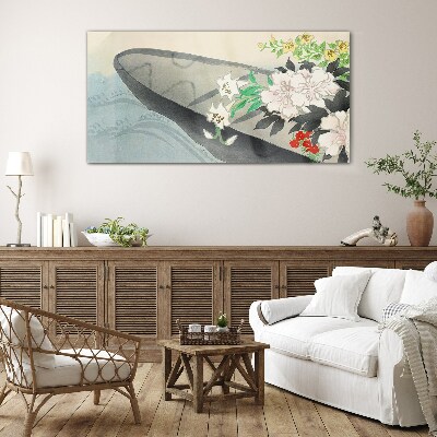 Flower boat on calm water Glass Wall Art