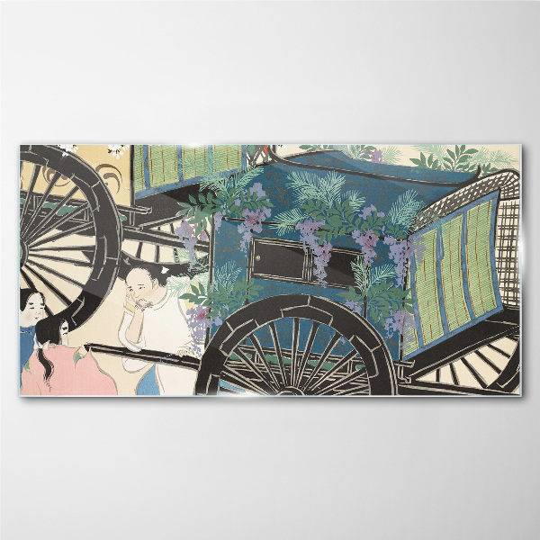 A scene with a stroller and flowers in the background Glass Wall Art