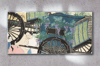 A scene with a stroller and flowers in the background Glass Wall Art